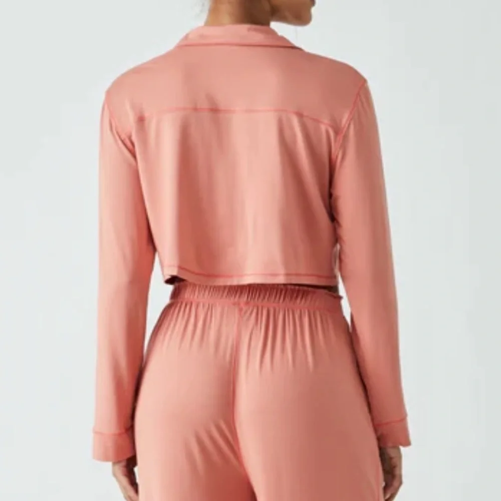 Free People Essentials Pajama Top Size L Button Front Long Sleeve Cropped peach